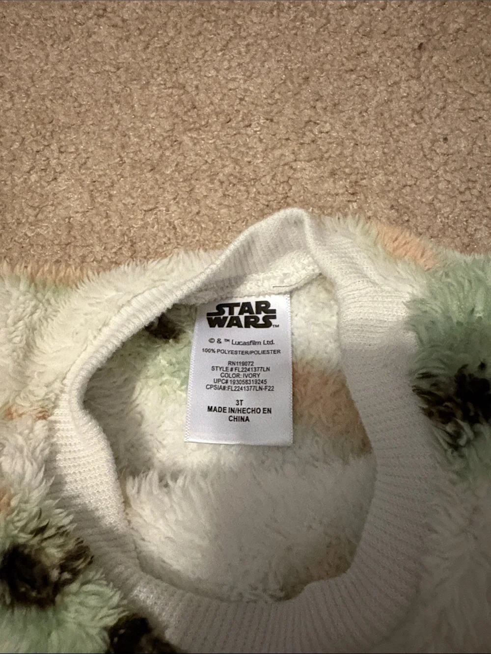 Cozy Cream Kids Pajama Set with Green Print Baby Yoda Grogu Star Wars